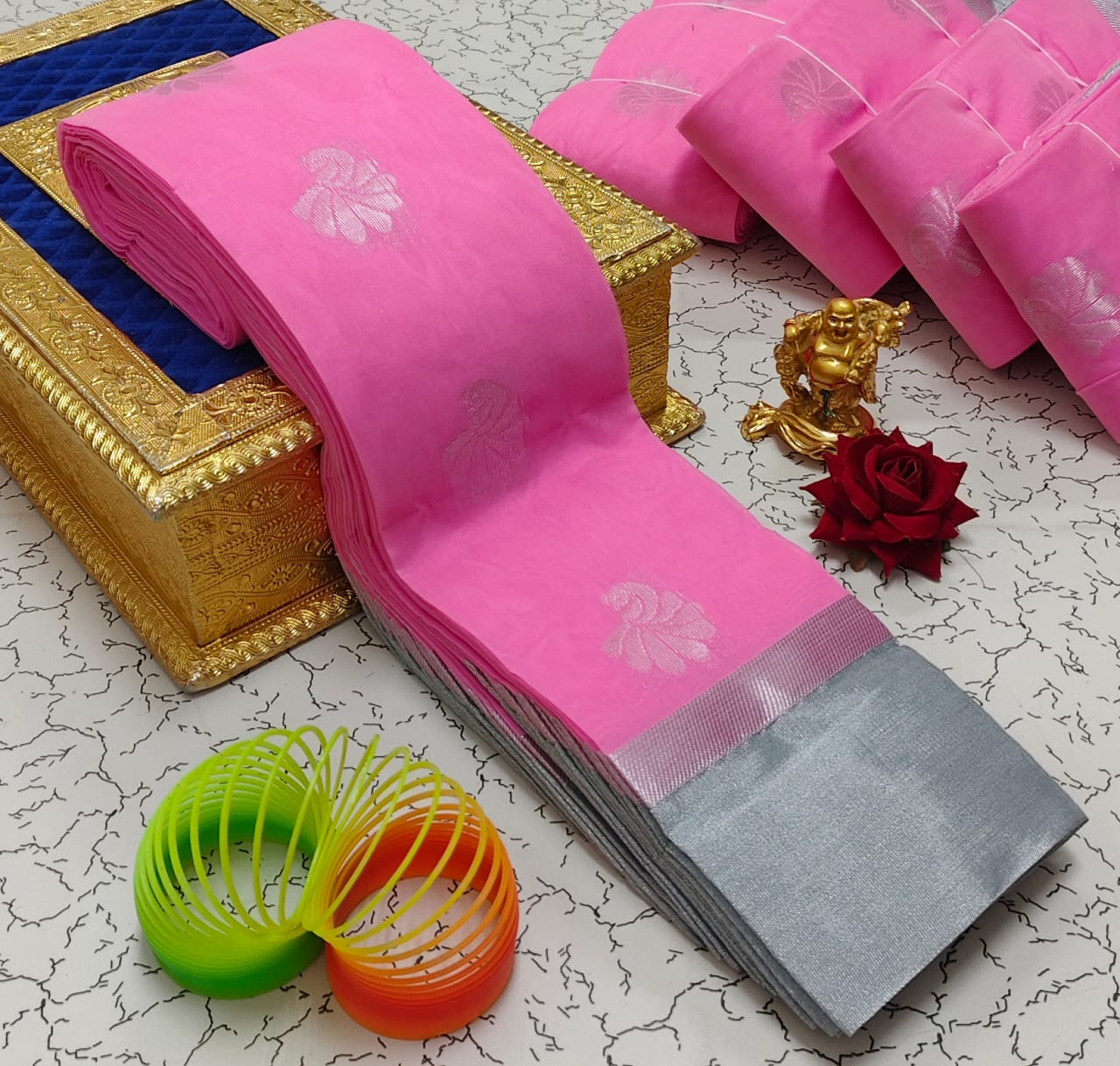 Silver Jari with Leaf Border and Mango Butta Work Cotton Silk  Saree
